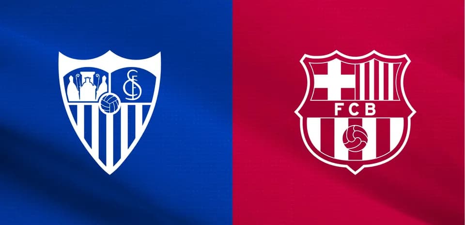 Escudos de Sevilla y FC Barcelona en fondo colorido