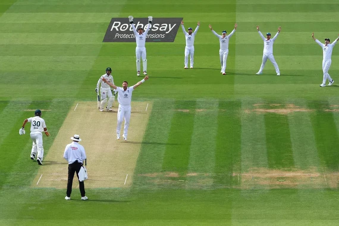 Jugadores de críquet celebrando un wicket en el campo