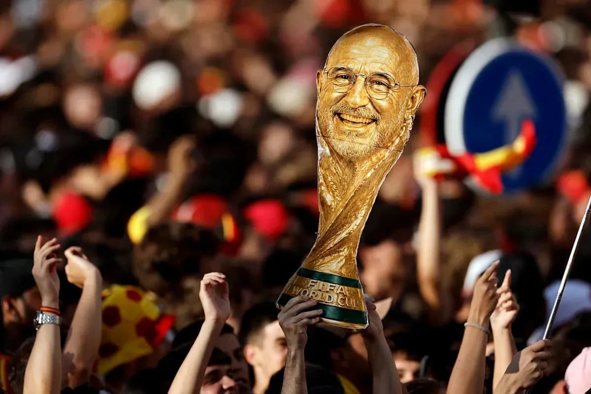 Celebration with FIFA World Cup trophy in crowd