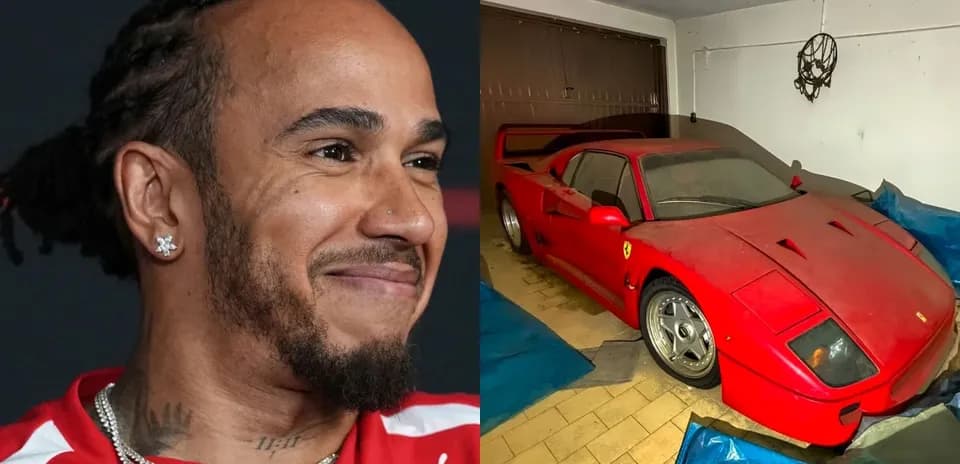 Lewis Hamilton smiling next to a dusty Ferrari F40