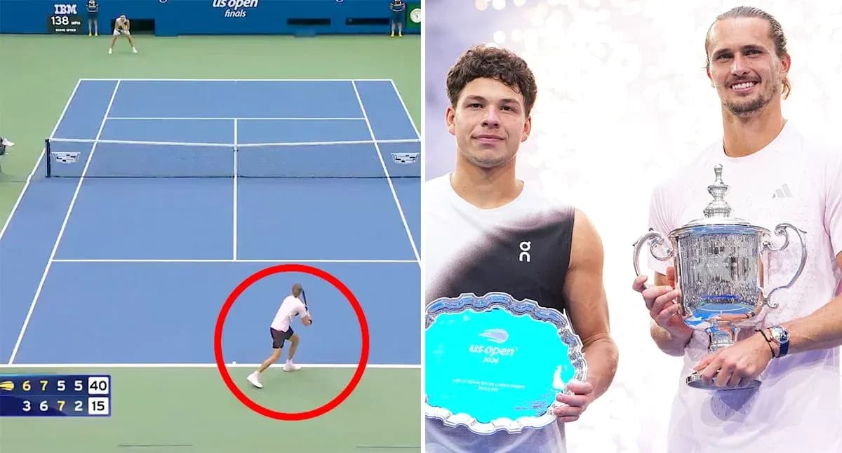 Jugador de tenis golpeando la pelota en la final