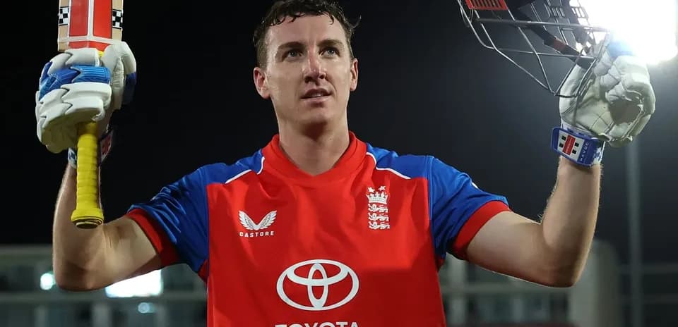 Jugador de cricket de Inglaterra celebrando con bate