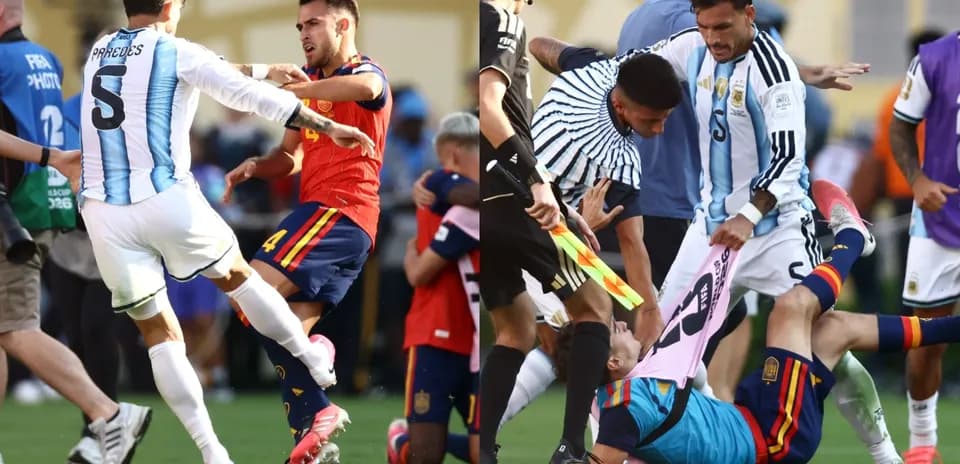 Jugadores de Argentina y España en pelea durante partido