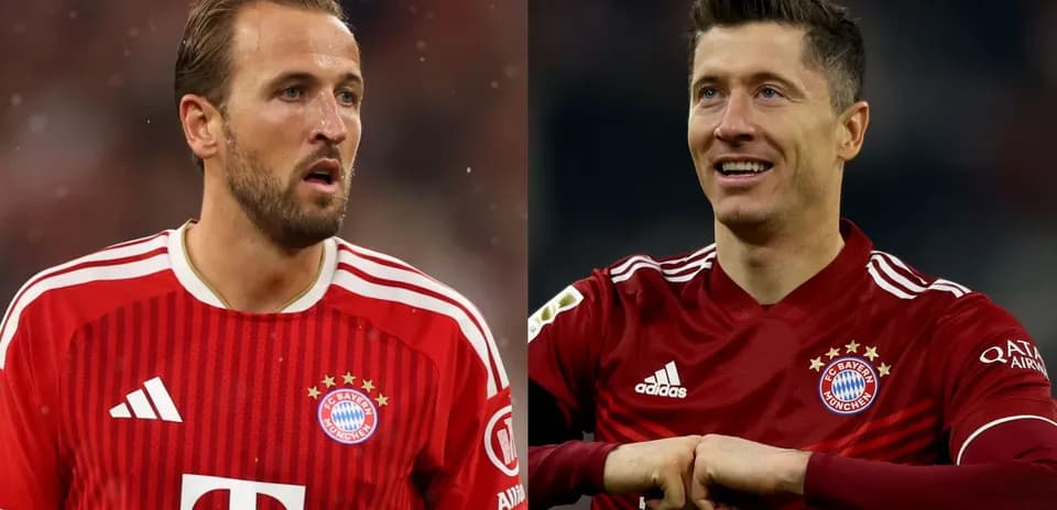 Harry Kane y Robert Lewandowski en camisetas del Bayern