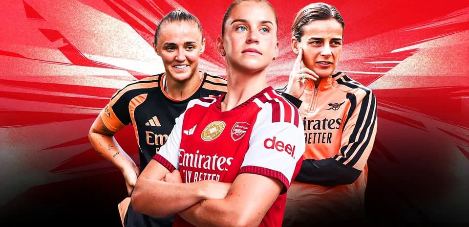 Jugadoras de Arsenal posando en fondo rojo