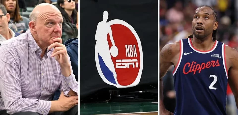 Steve Ballmer, logo NBA y Kawhi Leonard en cancha