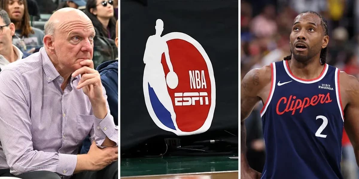 Steve Ballmer, logo NBA y Kawhi Leonard en cancha
