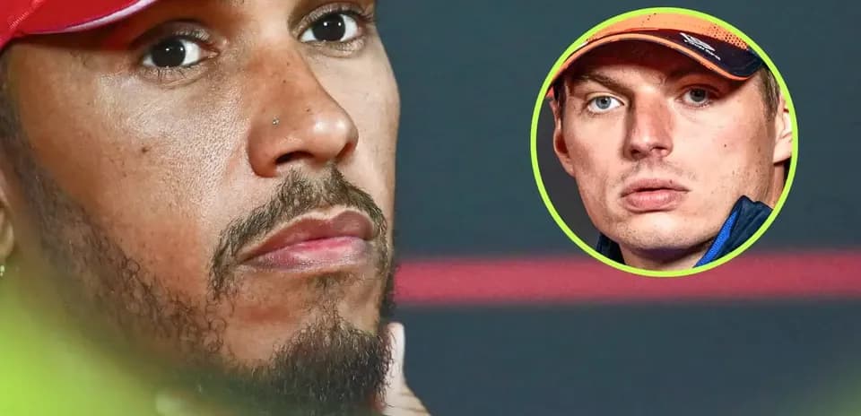 Lewis Hamilton during a press conference with Max Verstappen inset