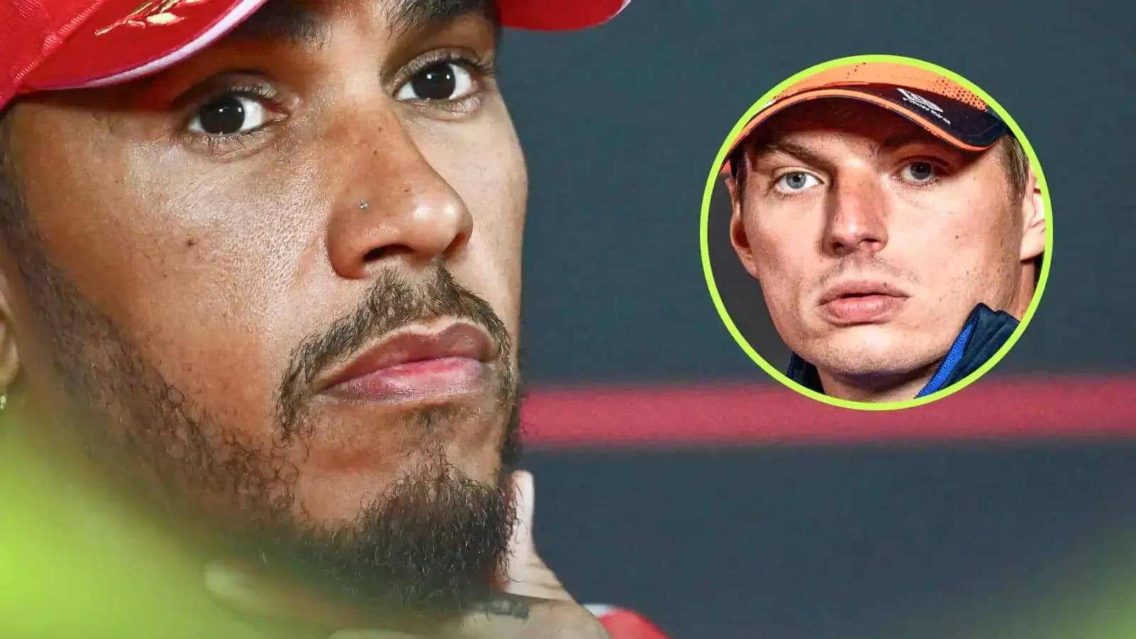 Lewis Hamilton during a press conference with Max Verstappen inset