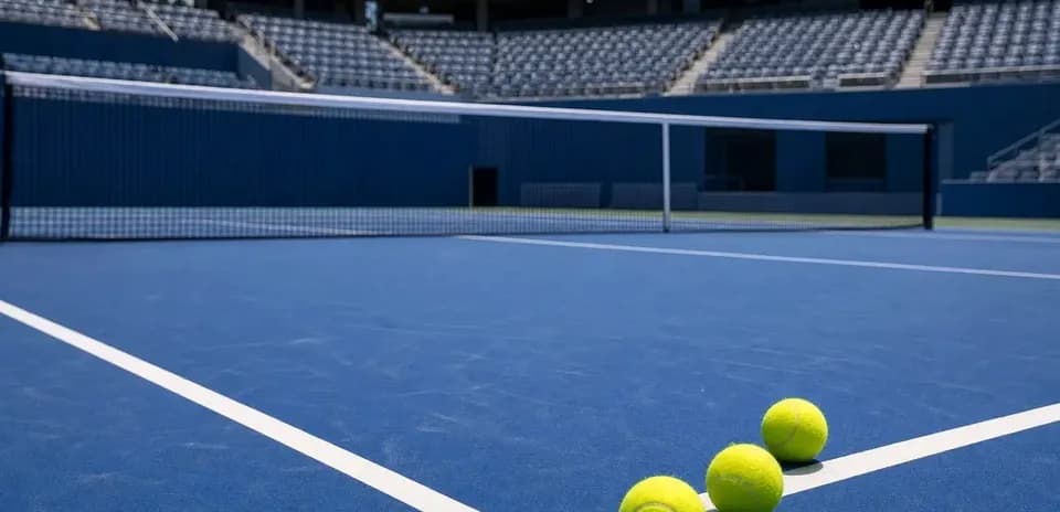 Tres pelotas de tenis en cancha azul vacía