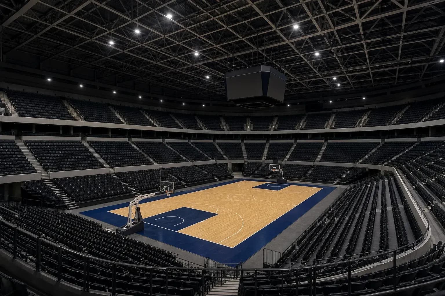 Cancha de baloncesto vacía en un estadio moderno