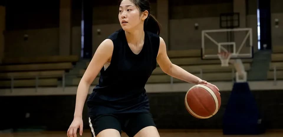Jugadora de baloncesto driblando en la cancha