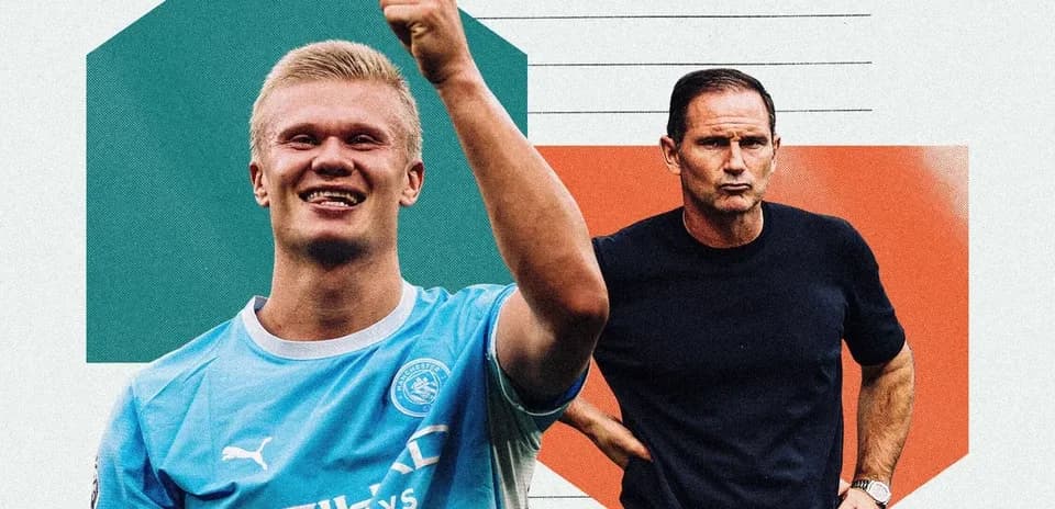 Erling Haaland sonriente y Frank Lampard pensativo