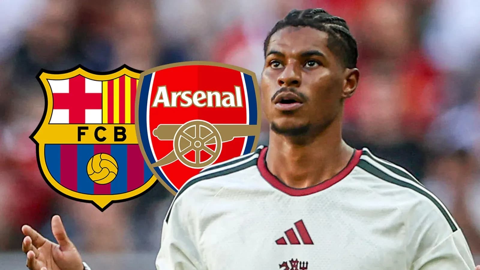 Jugador en camiseta blanca con logos de Barcelona y Arsenal