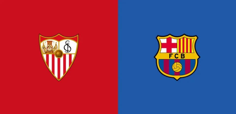 Escudos de Sevilla y Barcelona sobre fondos rojo y azul