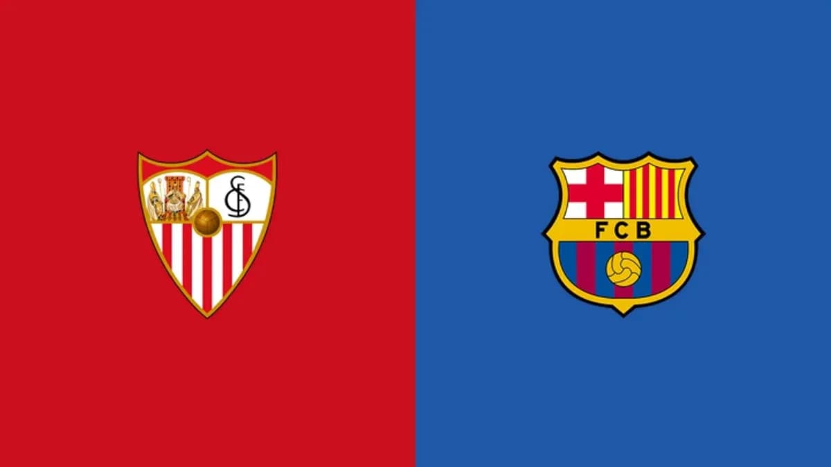 Escudos de Sevilla y Barcelona sobre fondos rojo y azul