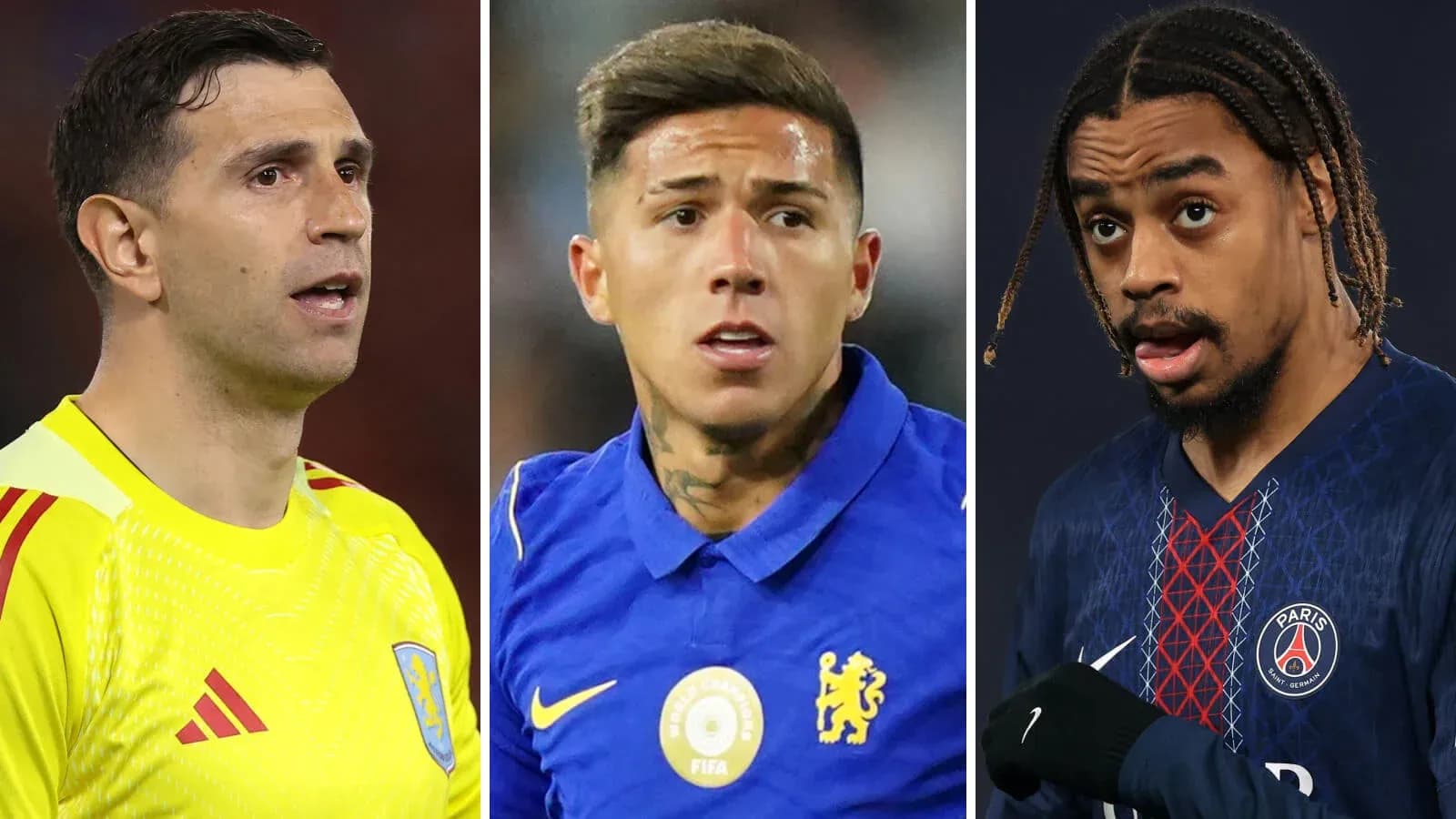 Tres futbolistas en retratos individuales