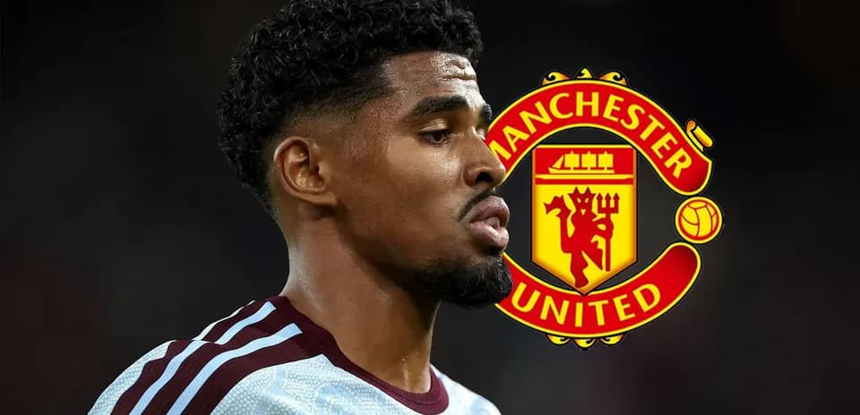 Jugador de fútbol con logo de Manchester United de fondo
