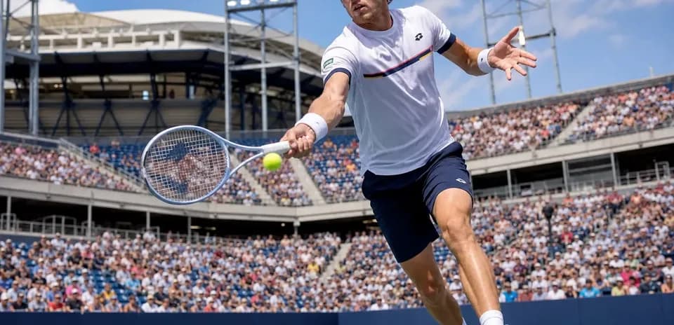 Jugador de tenis golpeando una pelota en la cancha