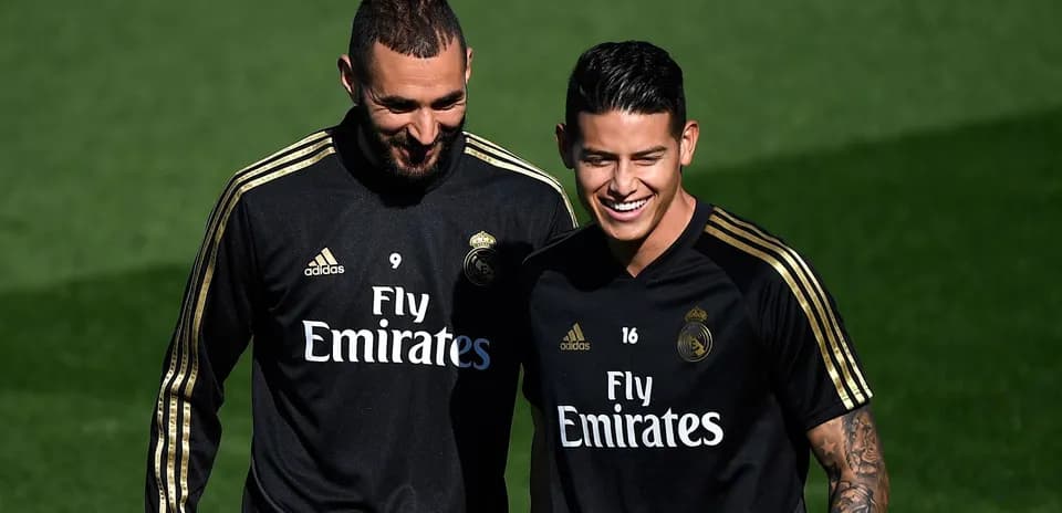 Karim Benzema y James Rodríguez en entrenamiento