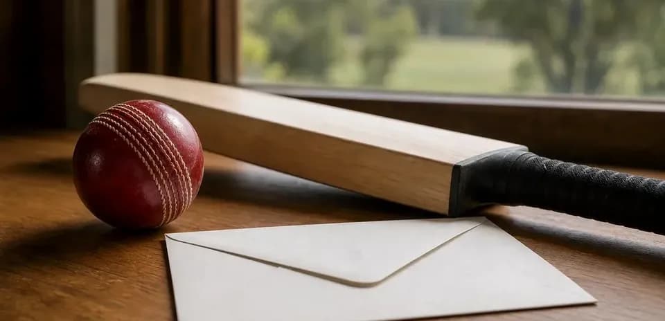 Bate de cricket, pelota y sobre sobre mesa