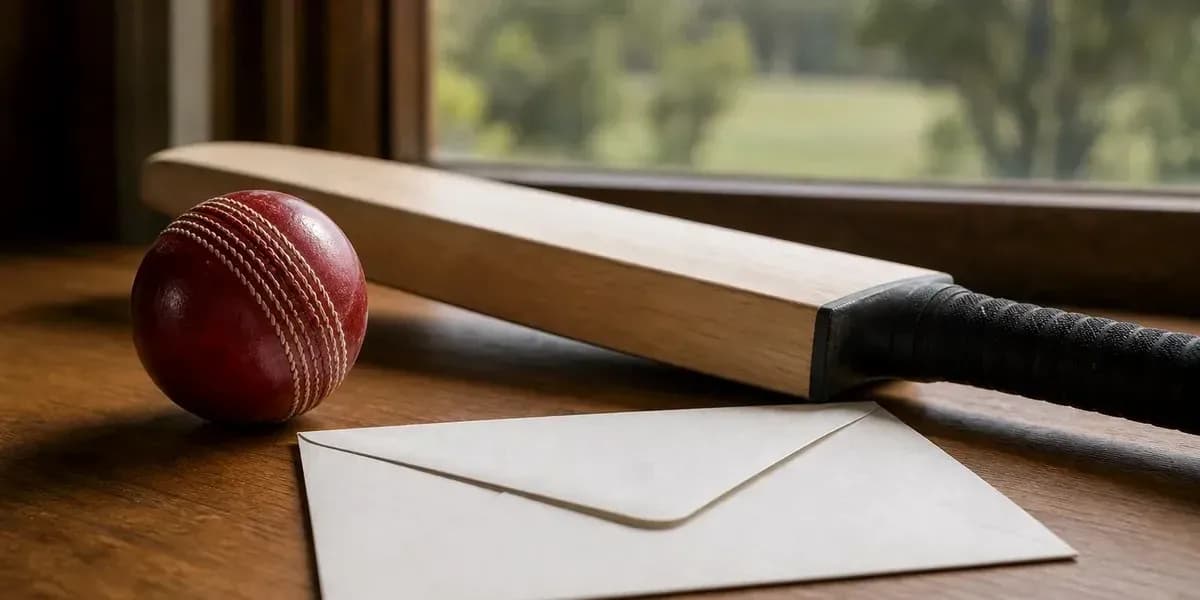 Bate de cricket, pelota y sobre sobre mesa