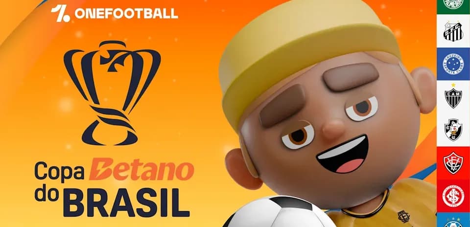 Mascota sonriente con balón y logo de Copa do Brasil