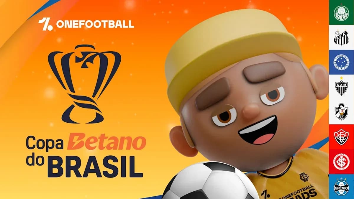 Mascota sonriente con balón y logo de Copa do Brasil