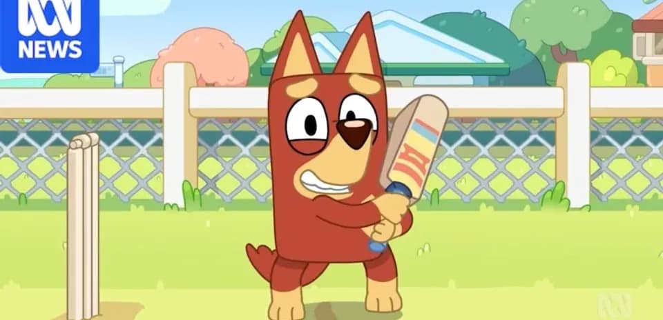 Personaje animado sosteniendo un bate de cricket