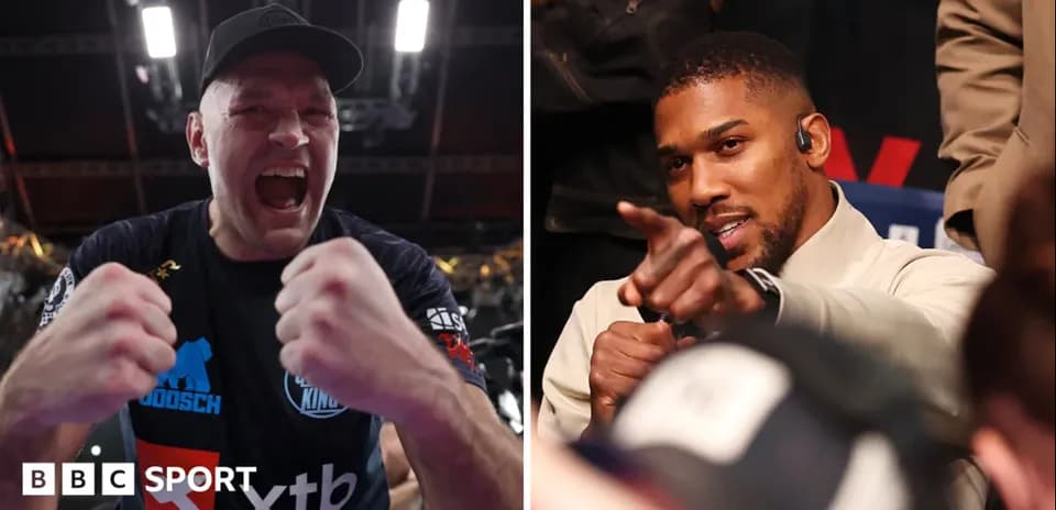 Tyson Fury celebrating and Anthony Joshua pointing at crowd