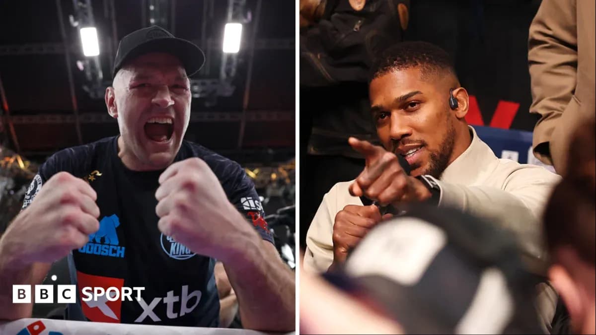 Tyson Fury celebrating and Anthony Joshua pointing at crowd