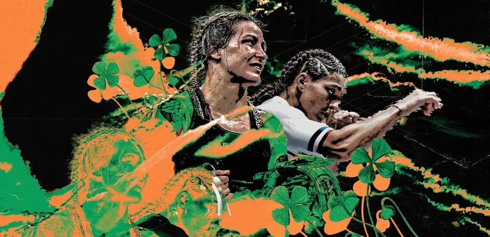 Dos luchadoras en un fondo colorido con tréboles