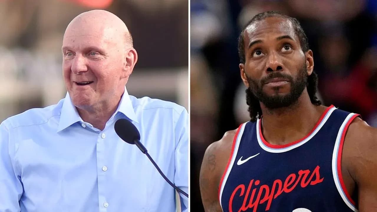 Steve Ballmer hablando y Kawhi Leonard en acción Steve Ballmer hablando y Kawhi Leonard en acción
