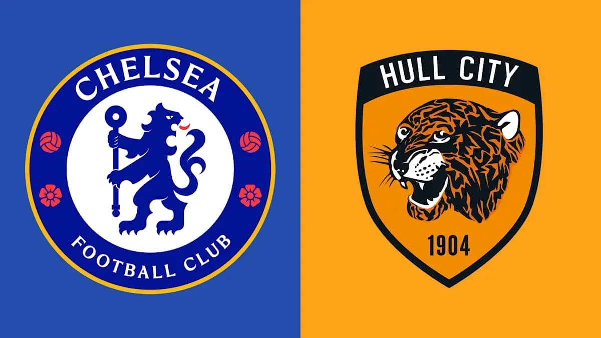Logos de Chelsea y Hull City en fondo dividido Logos de Chelsea y Hull City en fondo dividido