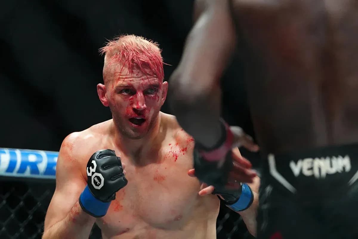 Luchador herido en combate de MMA, sangre visible Luchador herido en combate de MMA, sangre visible