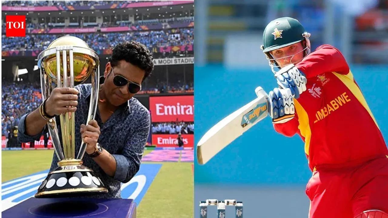 Sachin Tendulkar holding trophy; batsman from Zimbabwe batting Sachin Tendulkar holding trophy; batsman from Zimbabwe batting