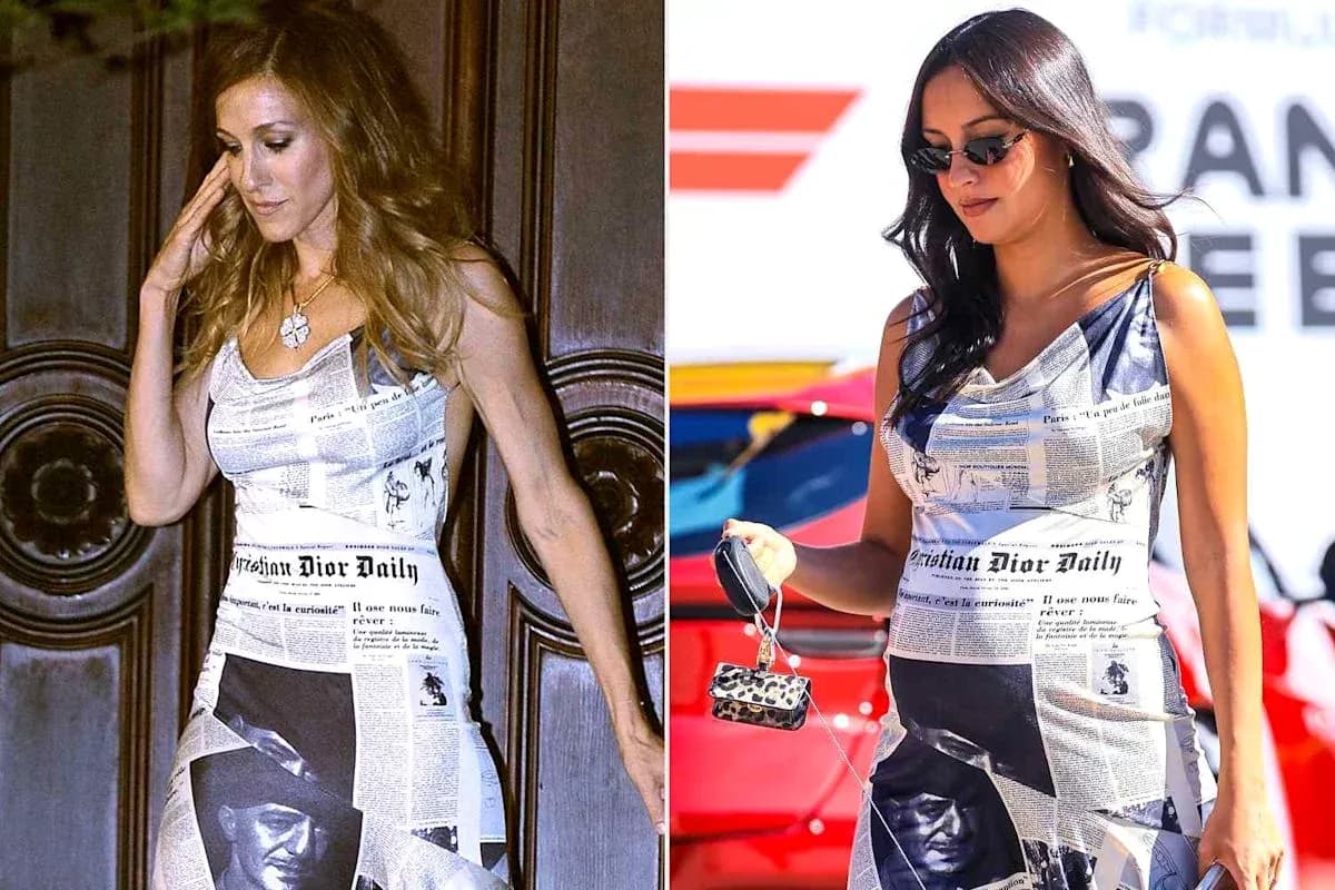Dos mujeres con vestidos de papel periódico Dos mujeres con vestidos de papel periódico