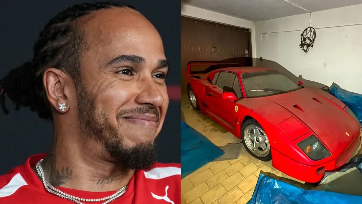 Lewis Hamilton smiling next to a dusty Ferrari F40 Lewis Hamilton smiling next to a dusty Ferrari F40