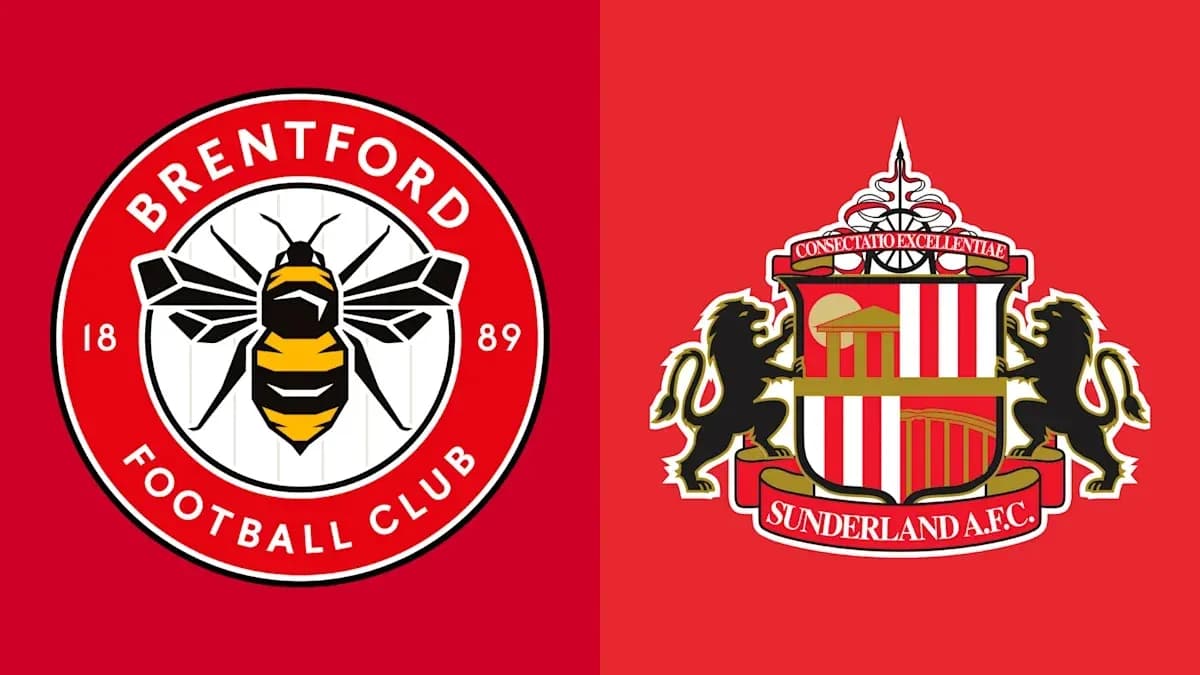 Logos de Brentford y Sunderland sobre fondo rojo Logos de Brentford y Sunderland sobre fondo rojo