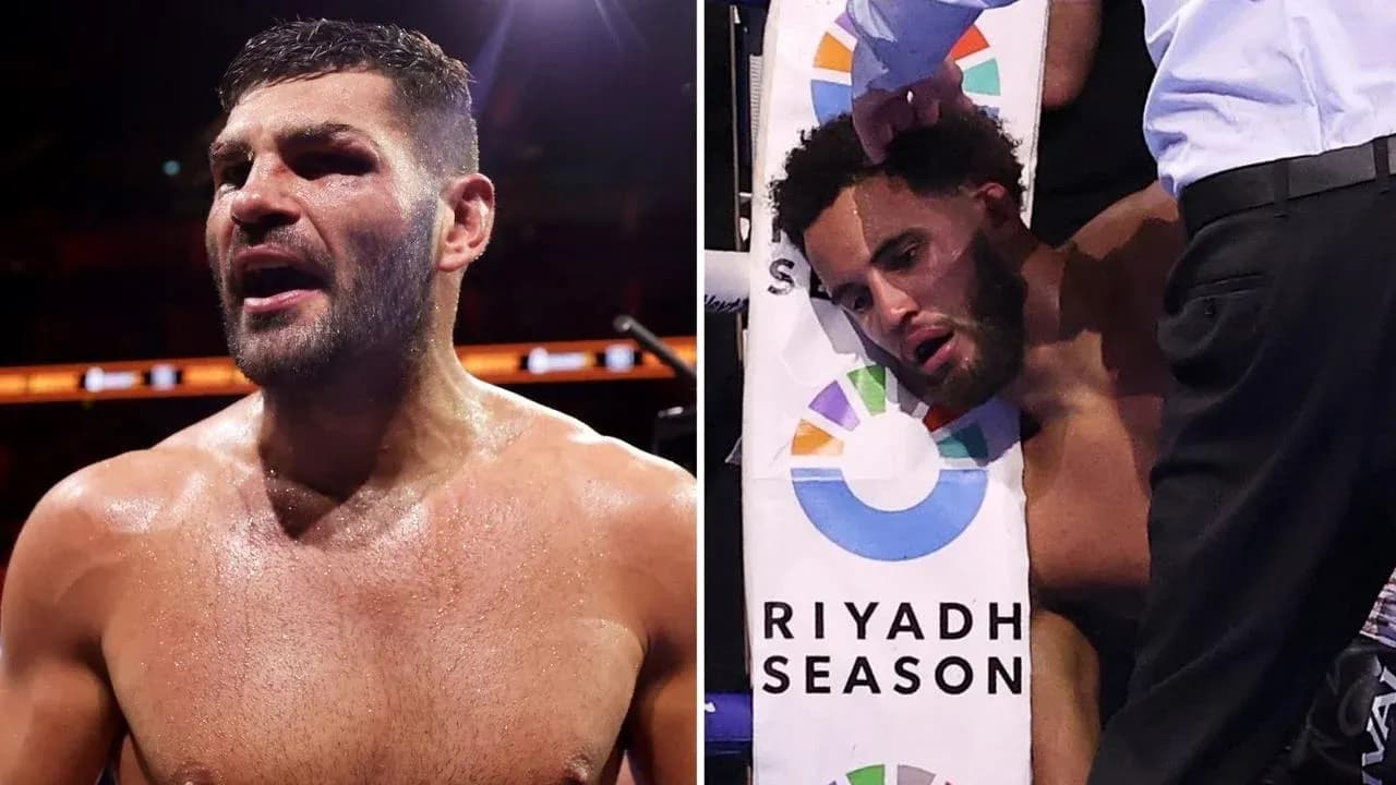 Boxers in a match, one celebrating and one resting Boxers in a match, one celebrating and one resting
