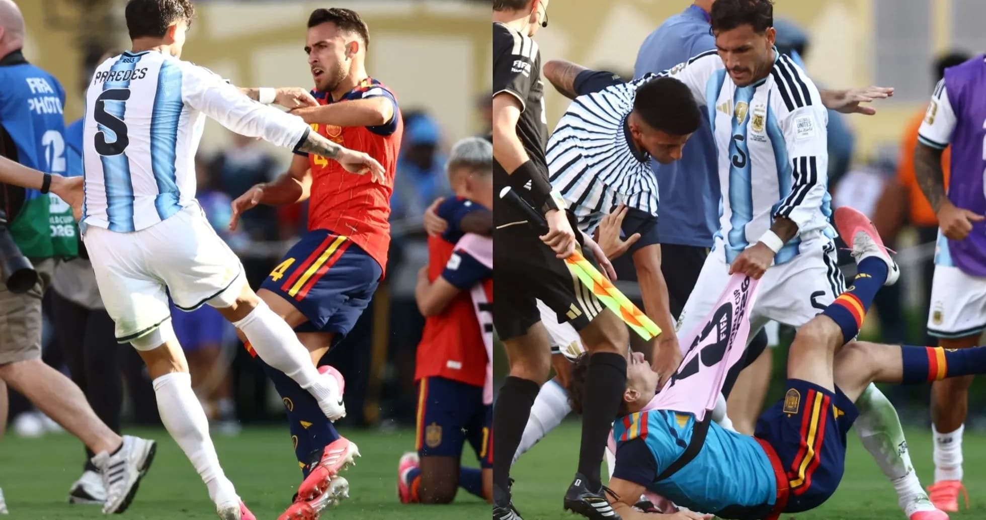 Jugadores de Argentina y España en pelea durante partido Jugadores de Argentina y España en pelea durante partido