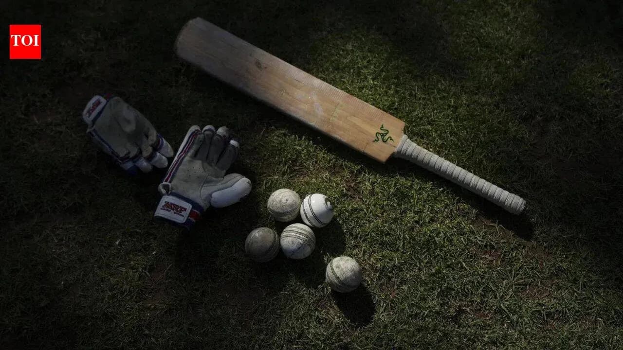 Bate de cricket y guantes sobre el césped Bate de cricket y guantes sobre el césped