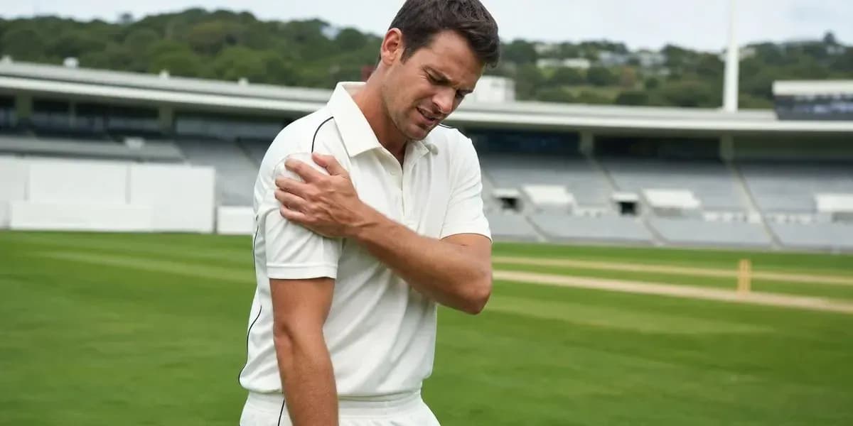 Jugador de cricket sosteniendo su hombro lesionado Jugador de cricket sosteniendo su hombro lesionado