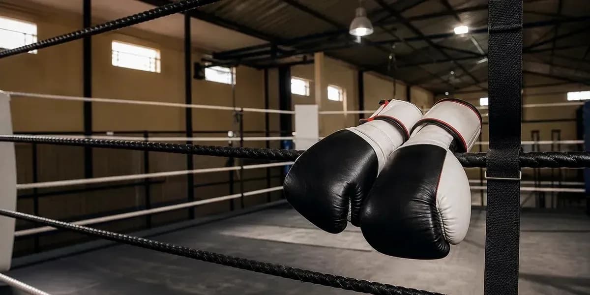 Guantes de boxeo colgados en el ring Guantes de boxeo colgados en el ring