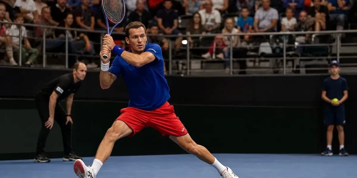 Jugador de tenis golpeando la pelota en la cancha Jugador de tenis golpeando la pelota en la cancha