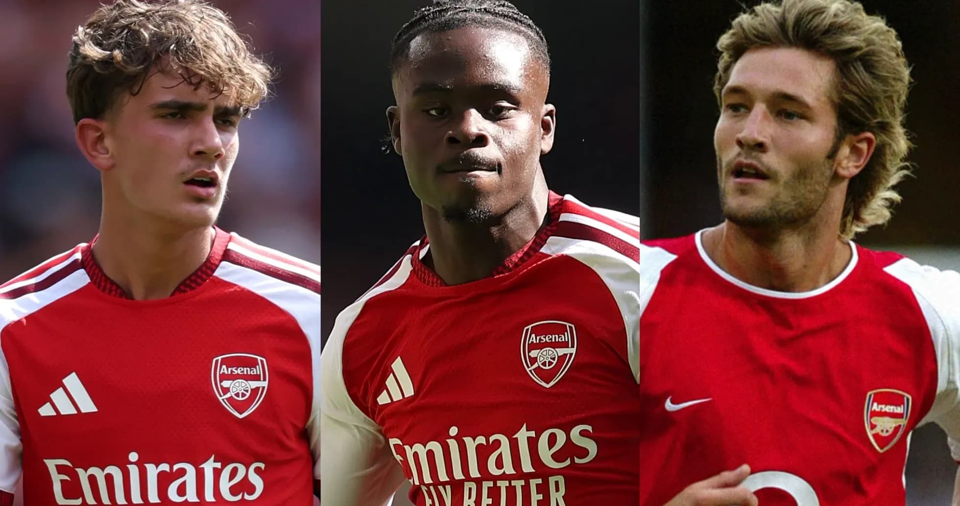 Tres jugadores de Arsenal en uniforme rojo Tres jugadores de Arsenal en uniforme rojo