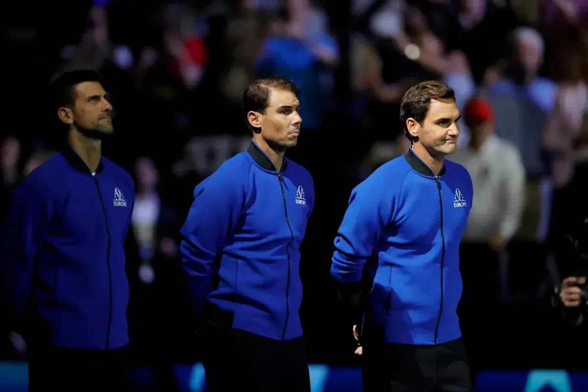 Novak Djokovic, Rafael Nadal y Roger Federer en ceremonia Novak Djokovic, Rafael Nadal y Roger Federer en ceremonia