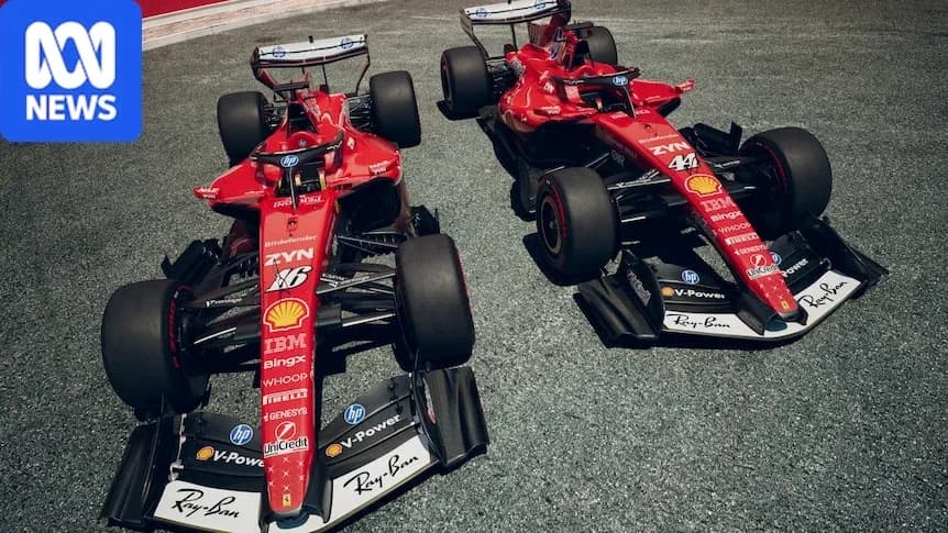 Dos coches de Fórmula 1 de Ferrari en pista Dos coches de Fórmula 1 de Ferrari en pista