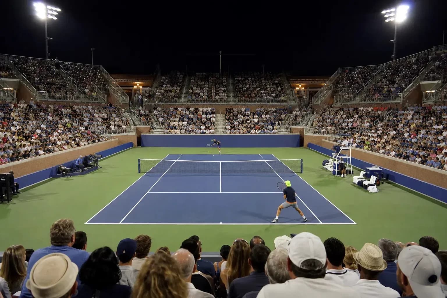 Partido de tenis bajo las luces con público en las gradas Partido de tenis bajo las luces con público en las gradas