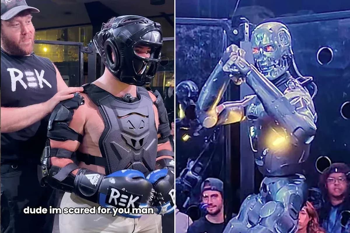 Competitor in protective gear facing a robot opponent Competitor in protective gear facing a robot opponent